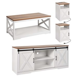 4 Pieces Farmhouse Coffee Table Sets, 40 In Coffee Table With 2 End Tables And 66 In TV Stand, Easy Assembly Living Room Tables Sets With Charging Station, For Office, Living Room & Apartment