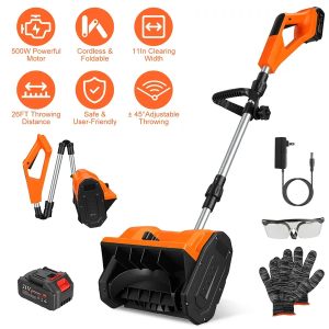 500W 21V 11In Cordless Snow Shovel Foldable Battery Powered Snow Thrower With Directional Plates Rechargeable Battery Gloves Goggles For Patio Driveway