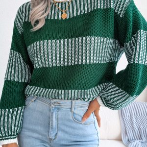 Women Casual Color Block Stripe Long Sleeve Knit Sweater
