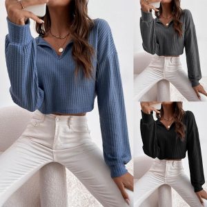 New Women's V-neck Solid-color Cropped Long-sleeve T-shirt