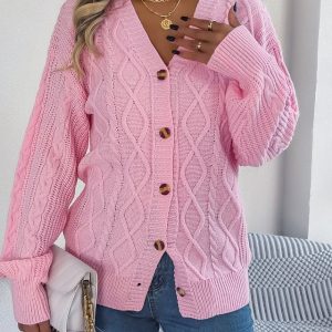 Women Casual V-Neck Lantern Sleeve Cable Knit Button Cardigan Sweater