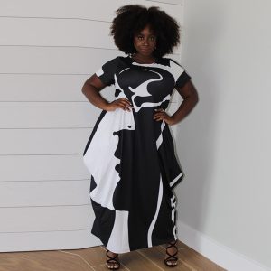 Women's Plus-Size Printed Crew-Neck Long Creative Dress