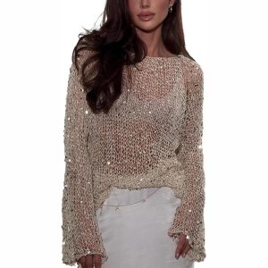 Women's Sequin Mesh Top - Long Sleeve Sheer See Through Sexy Blouse