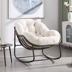 Outdoor Rattan Rocking Chair,Padded Cushion Rocker Recliner Chair Outdoor For Front Porch, Living Room, Patio, Garden, White-Prohibited From Selling On The Temu Platform