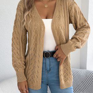 Women Casual Hollow Out Lantern Sleeve Long Sleeve Cardigan Sweater Coat