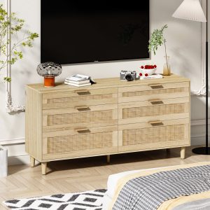 59 Rattan Dresser With Drawers, 6 Drawer Dresser For Bedroom, Clothes Storage Cabinet For Bedroom, Metal Handle Wood Legs For Hallway, Living Room, Bedroom,Natural