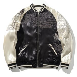 Reversible Casual Embroidered Baseball Jacket With A Double Dragon And Pearl Design