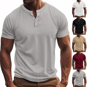 Men's Casual Sports Jacquard Ribbed Quick-dry Breathable Henley Short Sleeve