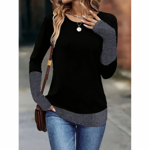 Women's Color Block Crewneck Tee, Long Sleeve Casual Basic Top