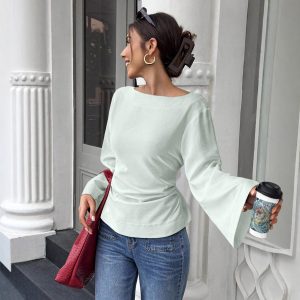 Women's Round-neck Woven Blouse With Flared Long Sleeves
