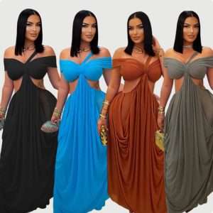 Solid-color Tube Top Hollow-out Sheer Mesh Long Dress For Women