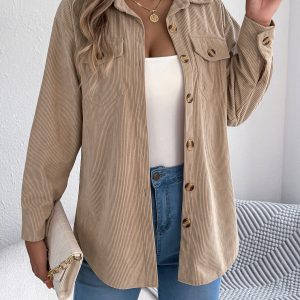 Women's Fake Pocket Long Sleeve Corduroy Mid-Length Jacket