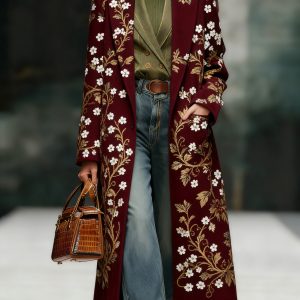 Casual Lapel Floral Embroidered Wool Coat