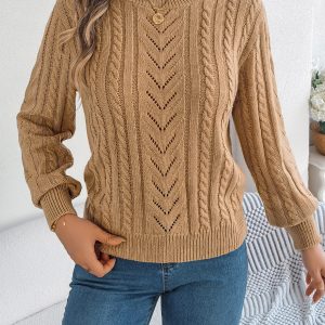 Women Casual Solid Color Hollow Out Lantern Sleeve Pullover Sweater