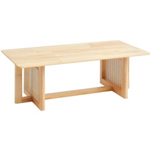 Rattan Coffee Table, Rectangle Rattan Woven Wood Coffee Table With Rubber Wood Top, 47-Inch Modern Boho Storage Coffee Table With Natural Wood Legs, For Living Room, Bedroom & Small Spaces