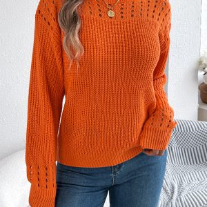 Women Casual Solid Color Hollow Out Lantern Sleeve Pullover Sweater