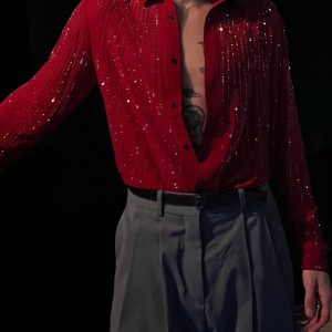 Red Sequin Stripe Long Sleeve Shirt