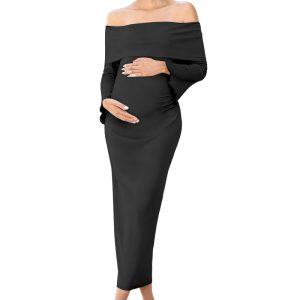 Knitted Stretch Maternity Dress Slim-Fit Long Gown