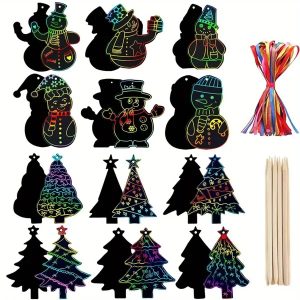 48 Pcs Christmas Scratch Paper Xmas Tree Snowman Shaped Rainbow Color Scratch Ornaments DIY Christmas Crafts Kits With Sticks And Ribbon For Xmas Birthday Winter Party Favors Hanging Decorations