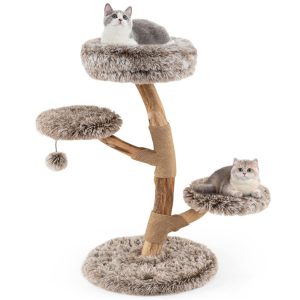 Multi-level Natural Pear Wood Cat Tree, Sisal Scratching Posts, Plush Balls, Long Plush Fabric