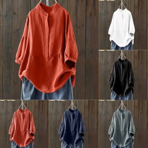 Mandarin-collar Single-breasted Traditional-style Solid-color Long-sleeve Pullover Shirt