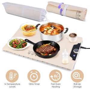 Food Warming Mat 23.6X15.8In 300W Fast Heating Electric Silicone Food Warmer With 14 Temp Levels 10Hrs Timer Settings Roll-Up Portable Hot Plates Heat Pad For Parties Buffet