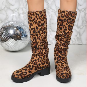 Leopard-print Suede Block-heeled Versatile Pleated Booties