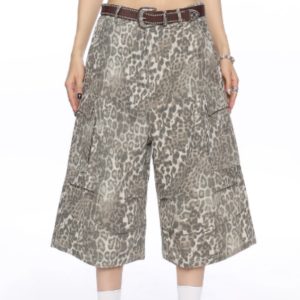 Leopard Print Cargo Denim Capri Pants For Women Summer