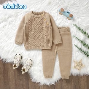 Baby Knitted Solid-Color Diamond-Shape Top Pants Set