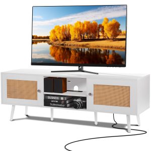Rattan TV Stand For 65 Inch TV, Boho TV Stand With Rattan Door, Entertainment Center With Build-in Socket And USB Ports, Modern TV Console For Living Room, Media Room, White