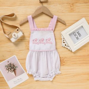 Baby Sweet Bunny Romper, Ruffle Trim Onesie With Adjustable Straps & Snap Closure