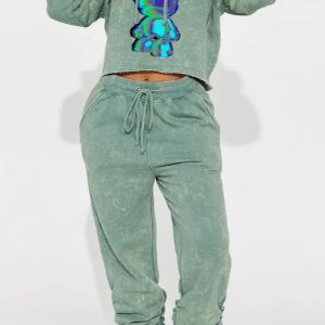 Casual Printed Hooded Short Sweatshirt Set