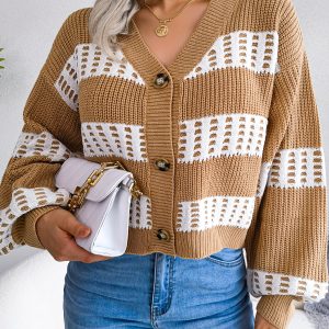 Women Designer Color Block Lantern Sleeve Cardigan Sweater Coat