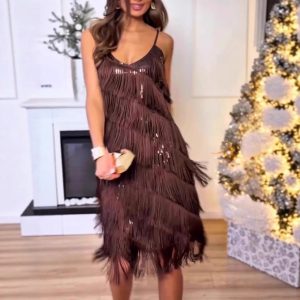 Women's Solid Color Halterneck Lace Up V Neck Sequin Tassel Dress