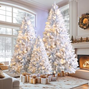 7.4FT, 6FT, 4FT Silver Pre-lit Artificial Hinged Christmas Tree Set, Holiday Spruce Xmas Tree With 2400 Branch Tips, 850 LED Lights, 11 Lighting Modes, Holiday Decoration For Home, Office,School