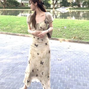 French Pure Desire Butterfly Print Tie Dress Women