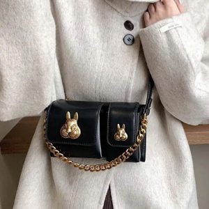 Women Black Baguette Bag With Squirrel Accessory Design Elegant Shoulder Handbag