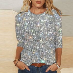 Plus Size Women's Solid Color Half Sleeve Round Neck T-Shirt With Sequin Design For Daily Wear & Party, Spring&Fall Fashion Top