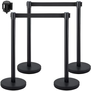 Crowd Control Stanchion, Set Of 4 Pieces Stanchion Set, Stanchion Set With 6.6 Ft/2 M Black Retractable Belt, Black Crowd Control Barrier With Concrete And Metal Base – Easy Connect Assembly