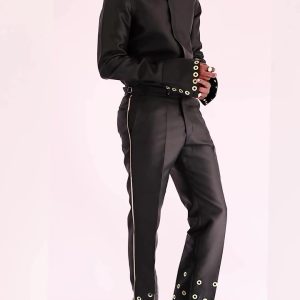 Chic Black Formal Ensemble With Adjustable Eyelet Trim And Structured Silhouette