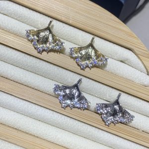 Silver Needle Studded Diamond Metal Ginkgo Leaf Earrings