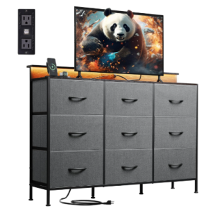 47-inch TV Stand For Up To 55 Inch TVs, Entertainment Center With RGB LED Lights & Charging Station, Media Console With 9 Fabric Drawers