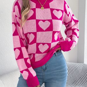 Women's Color-Blocked Plaid Heart Lantern Sleeve Pullover Sweater For Valentine's Day
