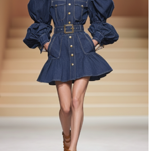 Puff Sleeve Belted Denim Shirt Dress Dark Blue Mini Silhouette
