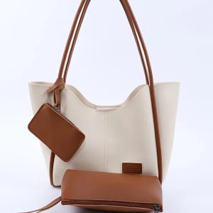 Cream Tan SHK108 Faux Leather Women Hand And Shoulder Bag With Wallet And Makeup Bag