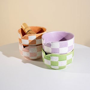 Instagram-worthy Ceramic Matcha Bowl With Spout And Checkered Whisk.