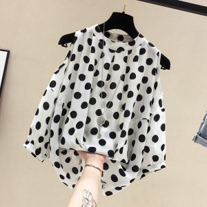 Loose-fitting Figure-flattering Polka-dot Off-shoulder Short-sleeve Chiffon Blouse