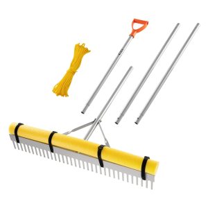 Landscape Rake, 36 Inch Wide Head 133 Inch Handle, Large Heavy Duty Aluminum Landscaping Leaf Rake Tool, Asphalt Level For Loosening Soil, Garden & Yard, Pond Gravel & Beach Lawn Care, 52ft Rope