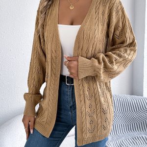 Women Casual Solid Color Hollow Out Long Sleeve Cardigan Sweater Coat