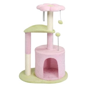 33in Cat Tree, Multi-level Cat Tower With Cat Scratching Post With Curved Perch, Cozy Cat Condo, Padded Top Bed For Kittens And Indoor Cats, Pink & Green